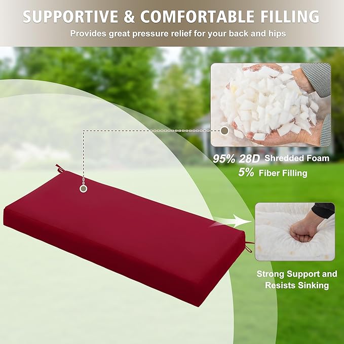 Outdoor Bench Cushion Waterproof 59"x18" – Fade-Resistant Patio Furniture Cushion with Ties for Loveseat, Porch Swing or Indoor Bench Replacement, Burgundy