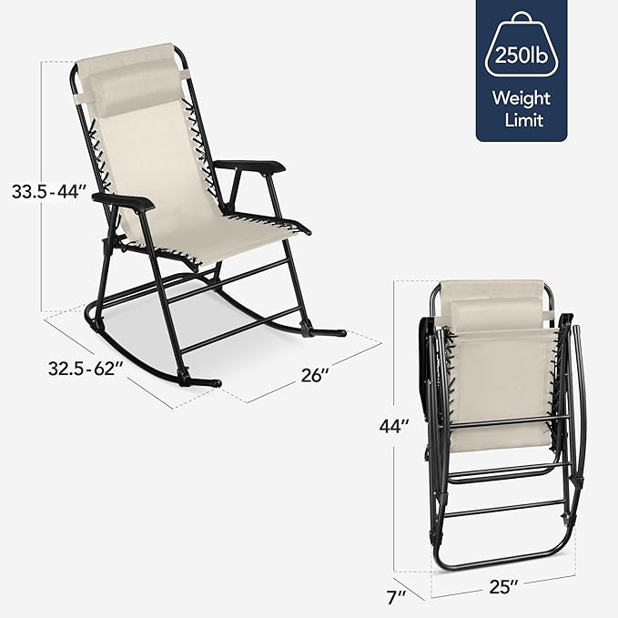 Best Choice Products Outdoor Folding Rocking Chair, Zero Gravity Lounge Chair, Patio Rocker w/Headrest Pillow - Ivory