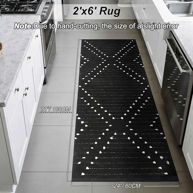 LIVEBOX Black Runner 2'x6' Boho Washable Rug for Hallway, Moroccan Woven Entryway Throw Area Rug Indoor Cotton Mat for Kitchen Laundry Room Bathroom Entry