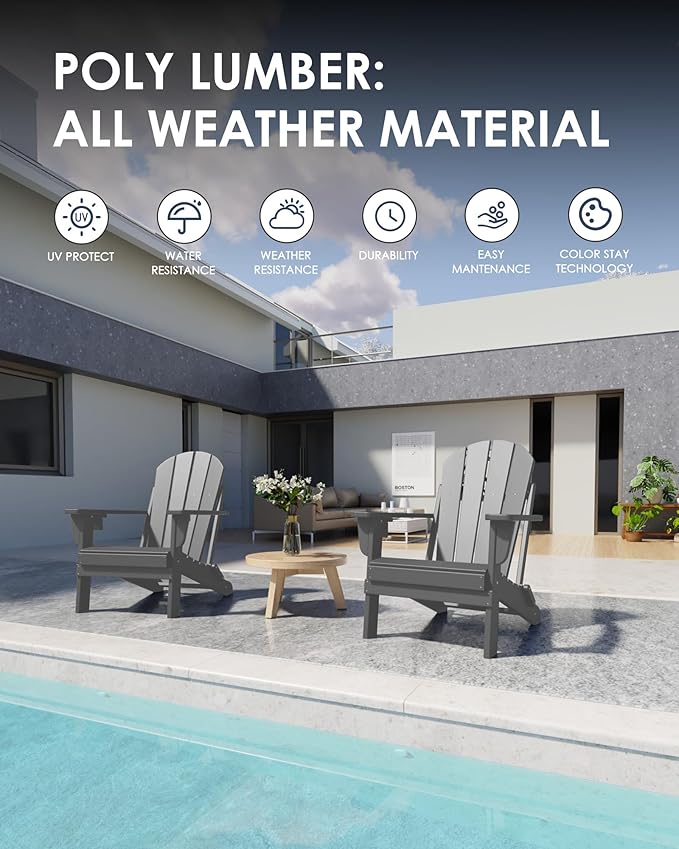 Folding Adirondack Chairs Set of 4, All-Weather Resistant HDPE Patio Firepit Chairs, Sturdy Outside Chairs with Cup Holder, Lawn Chairs, 80% Pre-Installed Load Capacity 385lb, Slate Grey