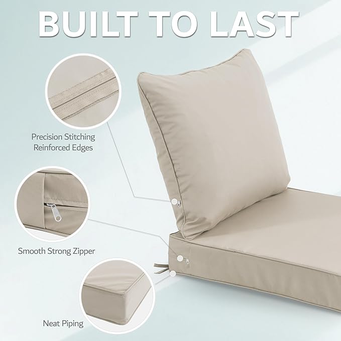 24x24 Inch Outdoor Chair Cushions Set of 4, Patio Furniture Cushions - Removable Cover, Water-Repellent, Fade-Resistant, Non-Slip Bottom & Straps, Replacement for Deep Seat Sofa & Couch - Cream
