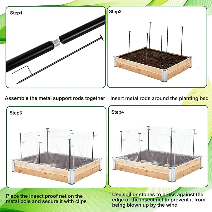 Metal Garden Netting Kit, 6 Pack 2.6ft Raised Garden Bed Net Support Stakes with 10´×13´ Fine Mesh Insect Netting 12pcs Clips Bird Barrier Screen Cover for Protect Plant Vegetable Row from Animals Bug