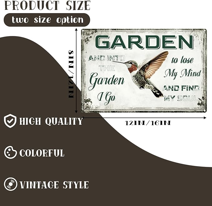 Vintage Garden Metal Tin Signs Hummingbirds and Into The Garden I Go Funny Tin Sign Rustic Indoor Outdoor Wall Decor for Home Yard Farmhouse Greenhouse Patio Porch Bar 8×12 Inch