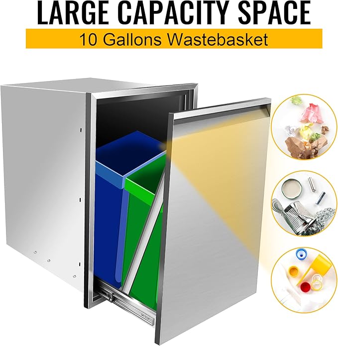 Built-in Double Trash Drawer 20" W x 27" H x 24" D Pull-Out Tray Outdoor Kitchen Stainless Steel Trash Bin Storage for BBQ Island Grill Station