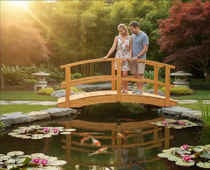 8 FT Natural Amish Made Garden Bridge with Double Rails for Walkway, Backyard Pond & Landscaping, Outdoor Wooden Footbridge for Koi Pond, Japanese Style Decorative Bridge, Made in USA