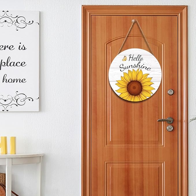 Hello Sunshine Door Sign For Front Door Decor,Spring Summer Sunflower Butterfly Wooden Sign 12"x 12" Round Hanging Door Sign Decoration for Wall Rustic Decor