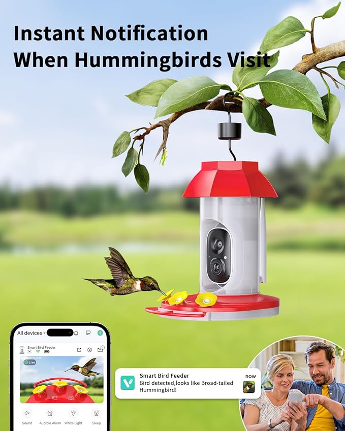 Hummingbird Feeder with Camera Solar Powered W/32G Card, AI Identify Bird Species, Ant Moat/Bee Proof, Hummingbird Cam Watching Live Video, Instant Notifications, Ideal Present for Bird Lovers