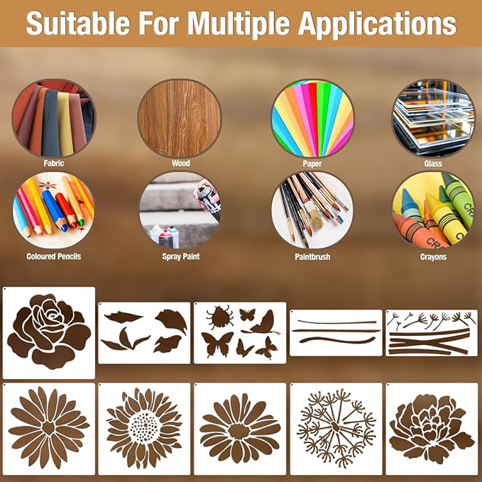 CeeVian Large Flower Stencils for Walls 10 Pieces Floral Templates Drawing Patterns Reusable Flower Stencil Wildflower Stencils for Outdoors Garden Wood Wall Paper Furniture Fabrics DIY Decor
