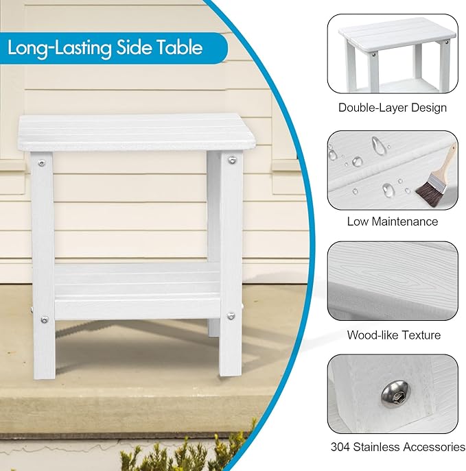 Folding Adirondack Chairs with Side Table, White Adirondack Chairs Weather Resistant, Outdoor Fire Pit Chairs for Patio Garden and Deck