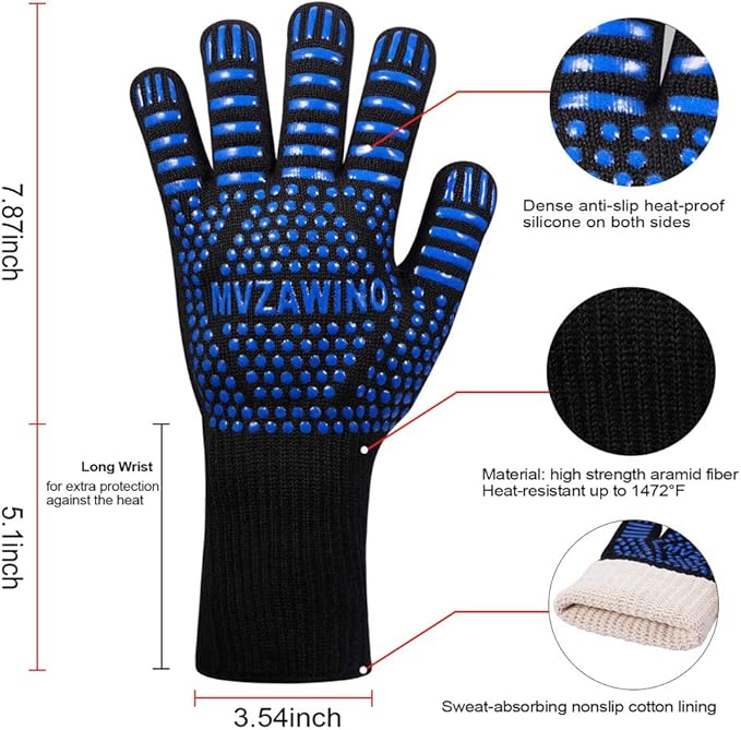 Premium BBQ Gloves, 1472°F Extreme Heat Resistant Oven Gloves, Grilling Gloves with Durable Fireproof Kitchen Oven Mitts Designed for Cooking, Grill, Frying, Baking, Barbecue (Blue+Black)