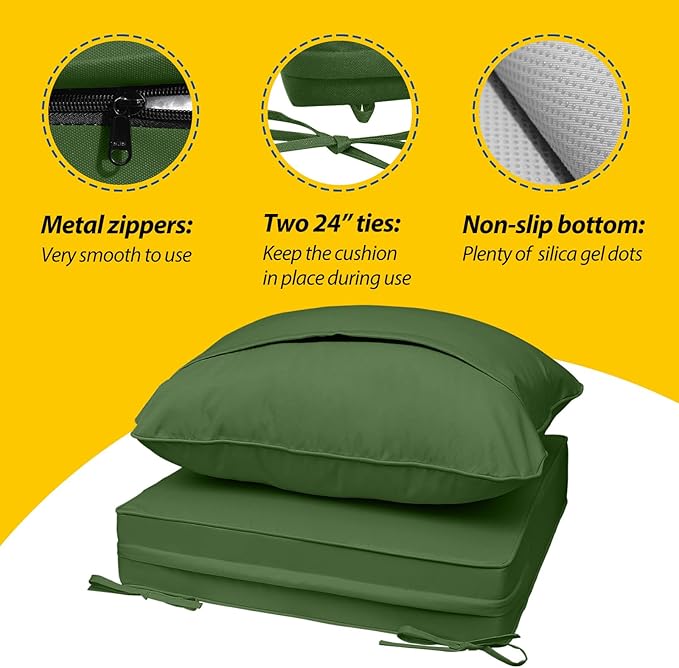 AAAAAcessories Outdoor Seat Cushions for Chairs, Fade-Resistant, Waterproof Patio Furniture Replacement Cushions, 22" x 24" x 5" + 22" x 19", Set of 4, Dark Moss Green