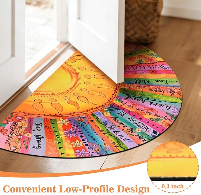 Likiyol Sun Door Mat Outside Entrance, Inspirational Quotes Welcome Mat Half Circle Front Door Mats, Colorful Floral Non Slip Boho Doormat Outdoor Indoor Entrance, Low Profile, Absorbent, 24" x 36"