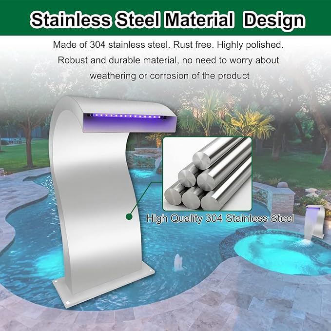 LONGRUN S-Shaped Waterfall Spillway Stainless Steel Swimming Pool Fountain, RF & APP Controled LED Light Outdoor Pond Waterfalls Kit for Garden Patio Swimming Pool Koi Ponds Decoration -20.2" Height