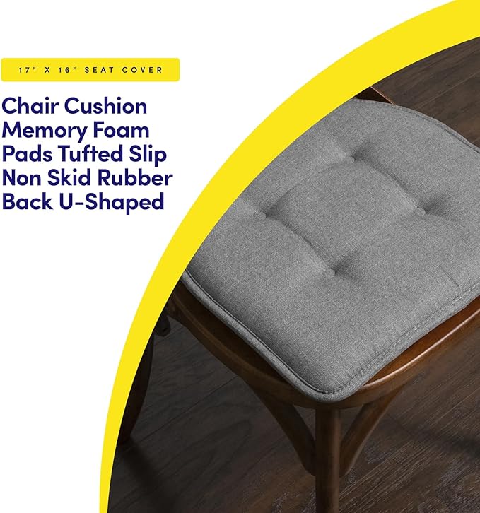 Sweet Home Collection Chair Cushion Memory Foam Pads Tufted Slip Non Skid Rubber Back U-Shaped 17" x 16" Seat Cover, 12 Count (Pack of 1), Grey