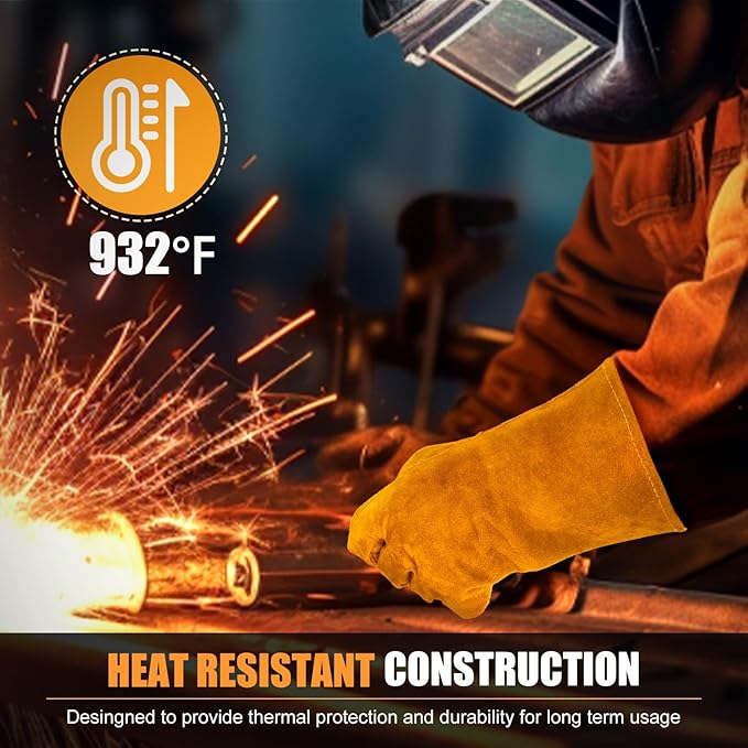 16INCH Welding Gloves 932℉ Fire & Heat Resistant - Premium Leather Forge Gloves for Welder, Blacksmith, Fireplace, Wood Stove, Fire Pit, Grilling, Furnace