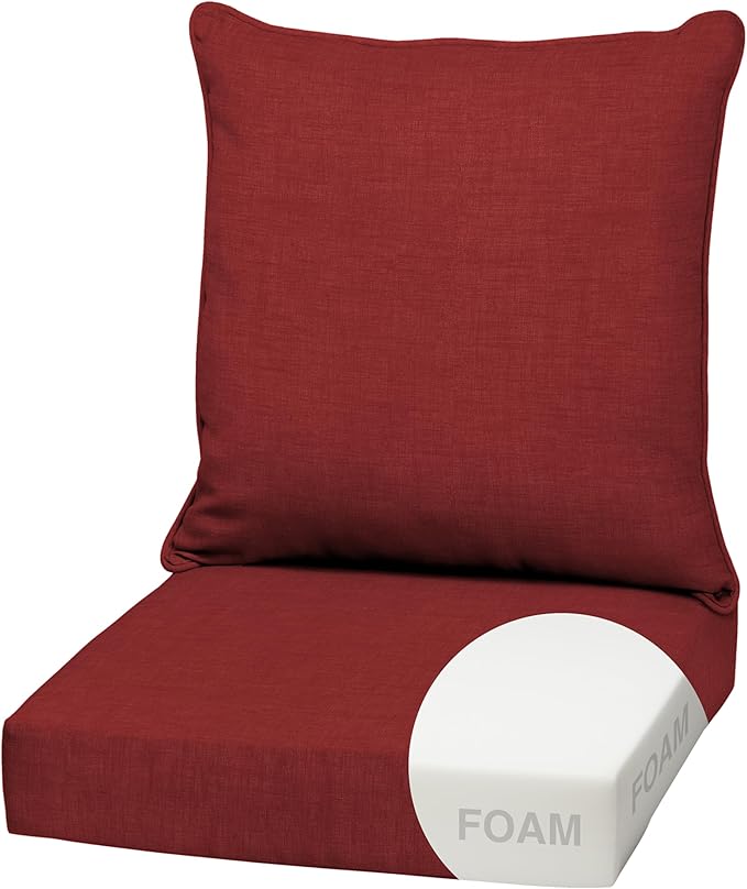 Arden Outdoor Foam Deep Seat Cushion Set, 22 in x 24 in, Weather-Proof, Rain-Proof, Fade Resistant Patio Cushion, Bottom and Back Cushion for Chair, Sofa, and Couch Ruby Red Leala