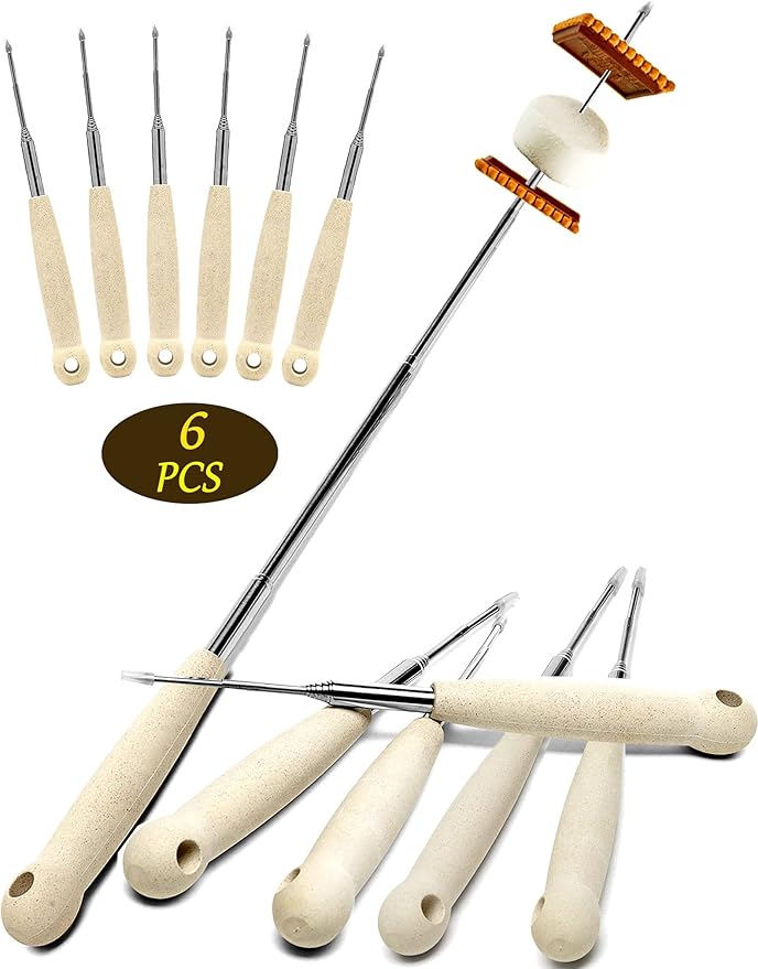 6 Pcs 32 inch Marshmallow Roasting Sticks - Extendable Smores Sticks for Fire Pit Long - Heavy Duty Hot Dog Sticks for Campfire, Premium S'mores, Hot Dog & Camping Cooking Kit
