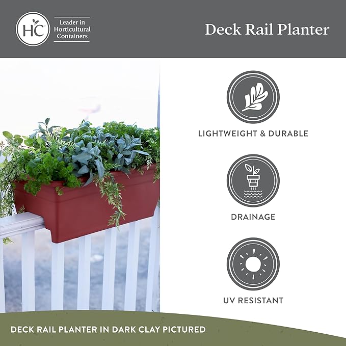 The HC Companies 24 Inch Deck Rail Planter Box with Drainage Plug, Lightweight UV-Resistant Plastic Outdoor Planters for Wood Deck Rail, Flower Box for Garden, Patio, Balcony, and Fence, Black