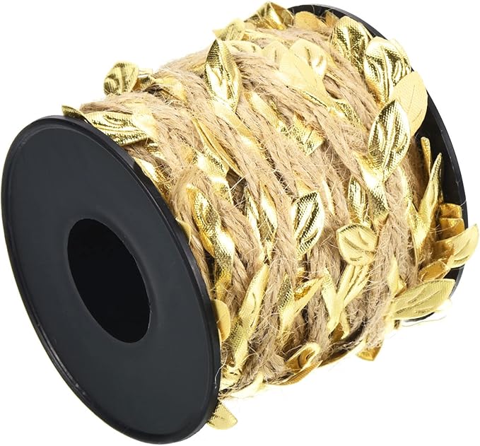 PATIKIL 33ft 5mm Burlap Leaf Ribbon, Braided Decoration Vine Natural Jute Rope Twine with Artificial Leaves for Jungle Wedding Party Home Garden Decor, Gold Tone