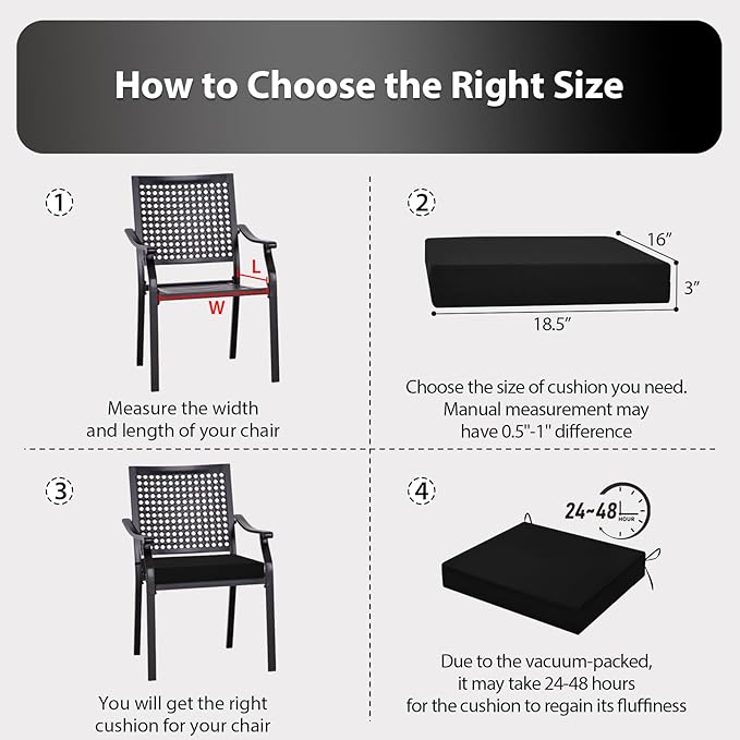 Outdoor Chair Cushions Set of 2, 18.5 x 16 Inch Patio Chair Cushions for Outdoor Furniture, Water Resistant, Non-Slip Ties(Black)