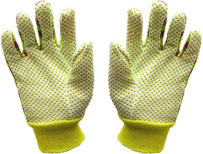 Women's Gardening Gloves, Soft Cotton Jersey, Floral Print, PVC Dot Grip, Comfortable & Durable Multi color Green, Red, Blue