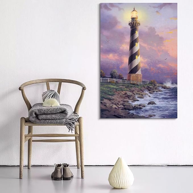 STUDIO HAVEN Thomas Kinkade Canvas Wall Art, Black and White Striped Beacon Glowing Lantern Crashing Waves Twilight Oil Painting Poster Nautical Wall Decor, Framed Prints for Home Decor, 20x28Inch