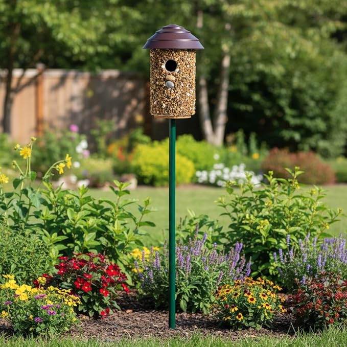 Outdoor Wren Bird House with River Pebble Composite Roof – Decorative Wooden Nesting Box for Wrens, Finches & Small Songbirds – Weather-Resistant Hanging Backyard Habitat, 10 Years (Black