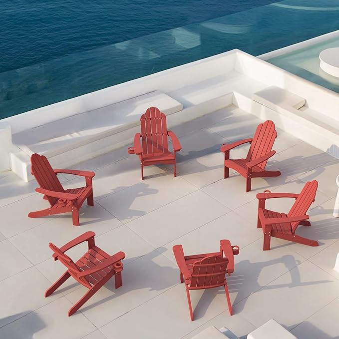 LUE BONA HDPS Adirondack Chairs Set of 6, Fire Pit Outdoor Chair Weather Resistant with Cup Holder, Modern Plastic Chair Plastic for Patio, Deck, Proch, 350LBS, Red