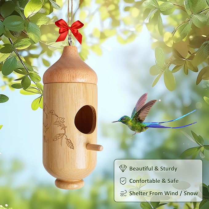 Hummingbird House, Wooden Hummingbird Houses for Outside Hanging, Nest Swinging, Wooden Bird Houses with Cotton, Bow, String, Gardening Gifts Decoration (1 Pack)