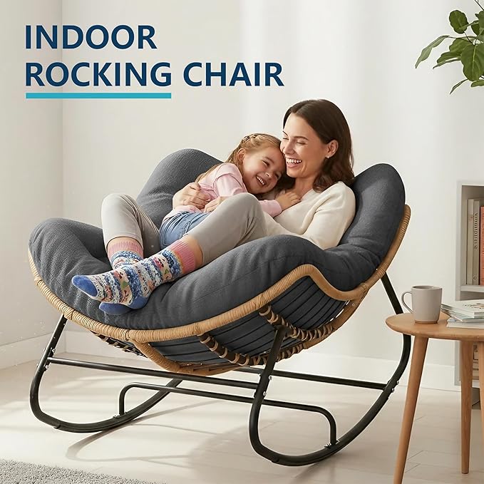 Outdoor Rocking Chair, Oversized Papasan Chair, Indoor Comfy Lounge Rocker with Cushion for Patio, Living Room, Porch, Balcony-Dark Grey