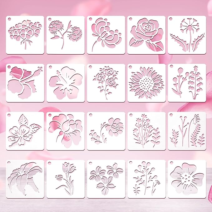 20 Pcs Flower Stencils for Crafts Reusable Flower Stencils for Painting on Wood Paintings Crafts Templates Drawing Stencil for Painting on Wood Rocks Canvas Fabric Glass Pottery
