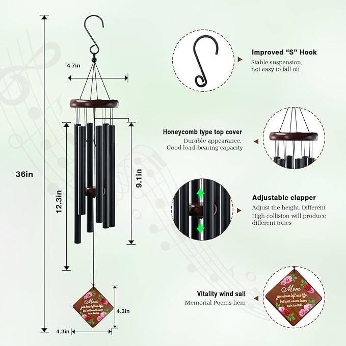 Windchime for Mother, 36" Memorial Wind Chimes for Loss of Mom, Sympathy Windchime in Memory of Mother, Bereavement Sympathy Gifts for Loss of Mom, Outside Garden Patio