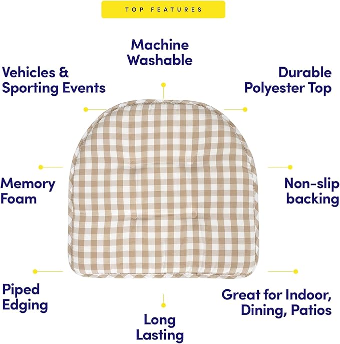 Sweet Home Collection Chair Cushion Memory Foam Pads Tufted Slip Non Skid Rubber Back U-Shaped 17" x 16" Seat Cover, 6 Pack, Checkered Taupe/White
