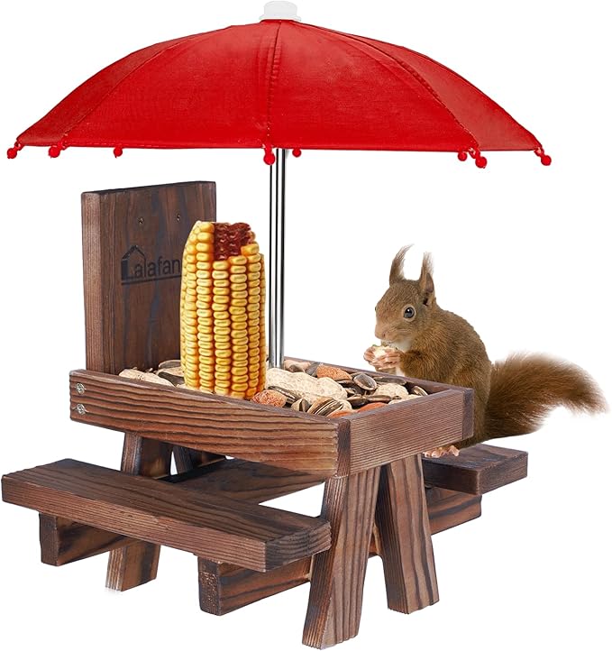 Squirrel Feeder Picnic Table with Umbrella, Lalafancy Carbonized Wood Squirrel Feeder for Outside Funny Chipmunk Feeder with Corn Cob Holder Structure Solid for Squirrel Gift
