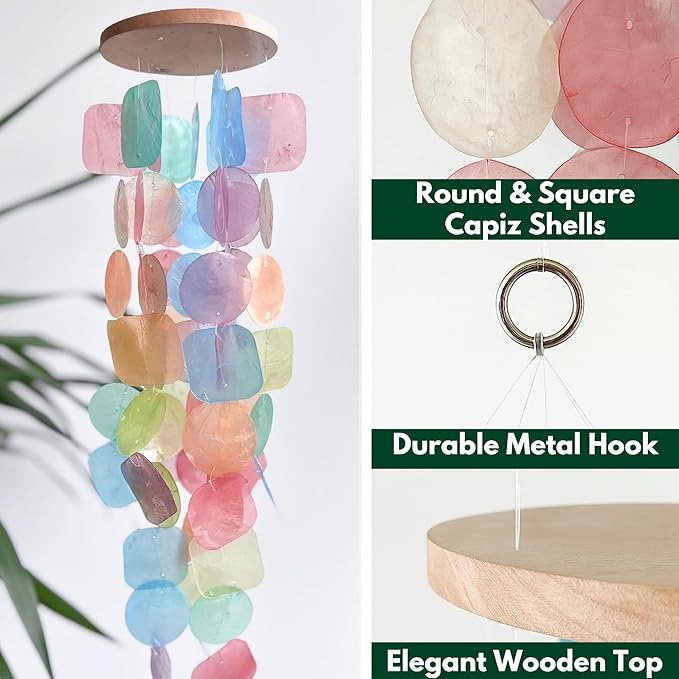 Solange & Frances Rainbow Capiz Shell Wind Chimes for Outside - Sea Glass Decor Windchimes, Gift Ideas for Mom, Gifts for Women, Unique Valentines Day Gifts and Gift for Men