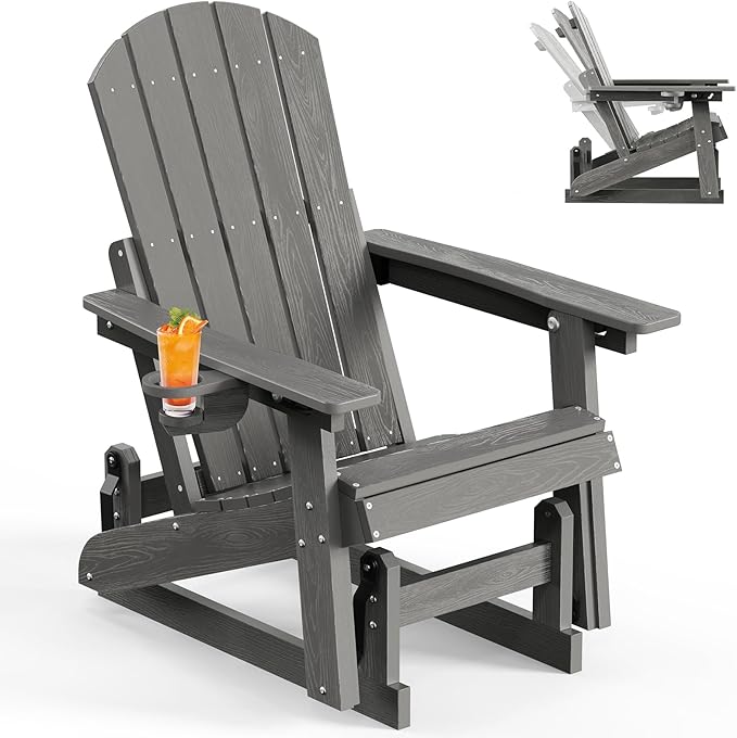 3-Position Adjustable Adirondack Chair with Cup Holder, HDPE All-Weather Outdoor Glider Chair, Wood-Grain Fire Pit Chairs for Pool, Yard, Deck (Grey)