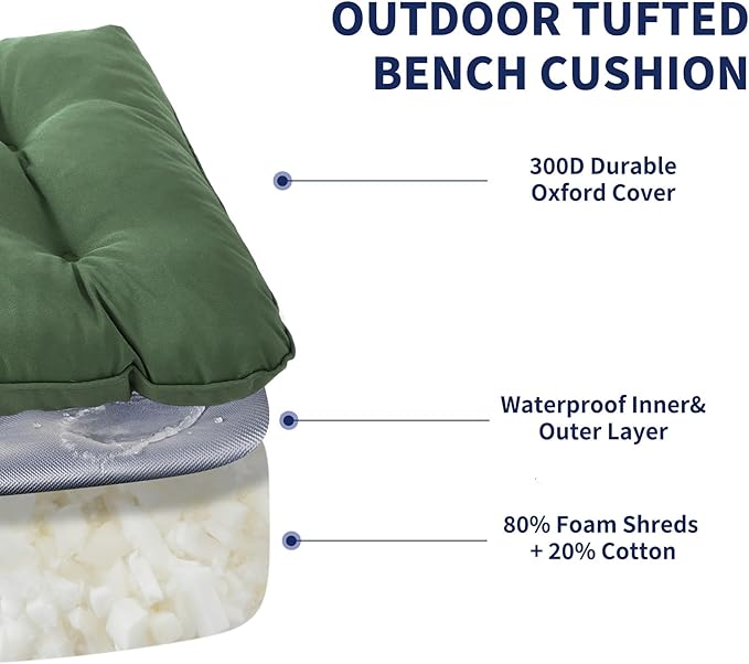 Outdoor Bench Cushion, 59x18x5 Inch, Waterproof Bench Cushion for Outdoor/Indoor Furniture, Tufted Patio Bench Seat Cushion, Fade Resistant Outdoor Cushions for Porch Swing Couch, Dark Green