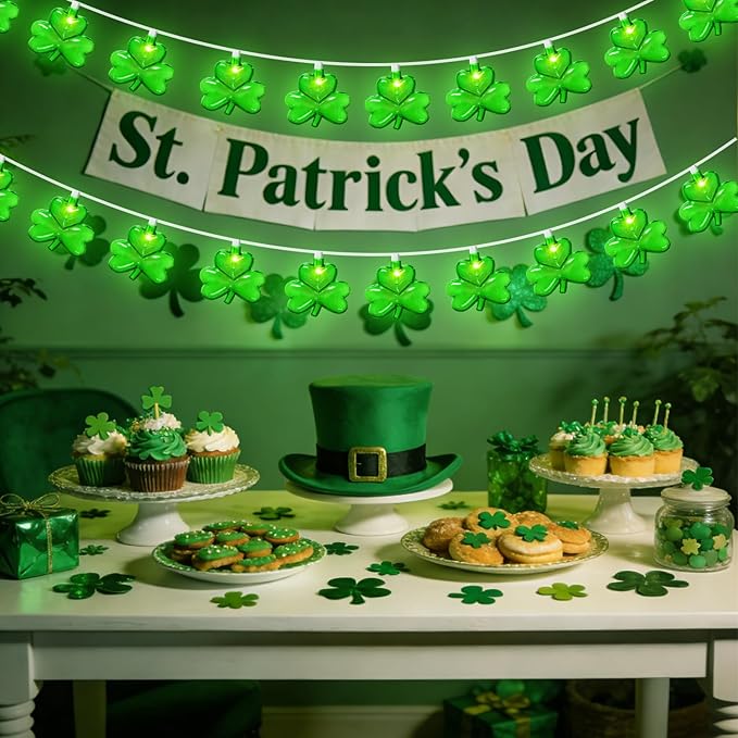 20 LED Clear Green Shamrock String Lights, 12FT St Patricks Day Lights String Outdoor Waterproof with 20 LED Light for Rish Shamrock St Patrick's Day Party Indoor Home Window Porch Garden Decorations