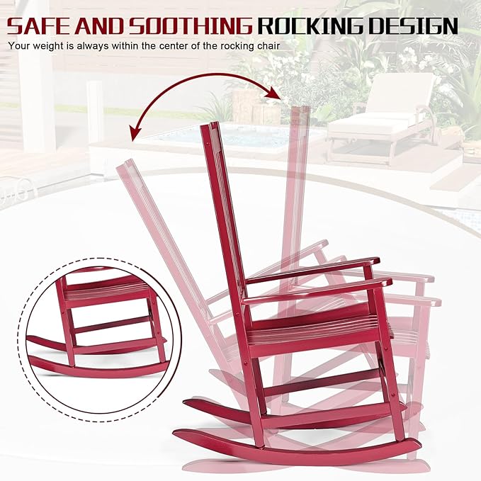 Outvita Outdoor Rocking Chair, Solid Wood High Back Rocker, All Weather Lounge Chair for Porch Patio Fire Pit Garden Backyard Deck Indoor, Red