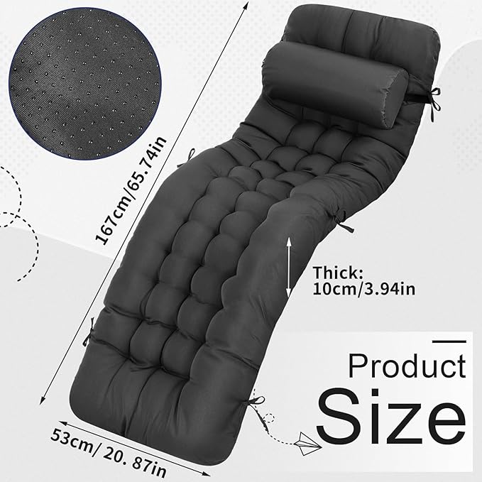 Tudomro 1 Pcs Grey 66'' Outdoor Chaise Lounge Cushion Waterproof Patio Lawn Pool Chaise Lounge Cushion with Headrest Pillow & Ties Weather Fade Resistant Replacement Longue Chair Pad