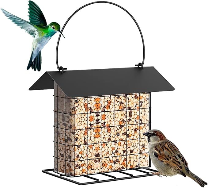 Suet Ball Bird Feeder Outdoor Hanging Metal Wire Wild Bird Feeder Fat Ball Food Feeder with Metal Roof and Platform Outside Cake Suet Feeder Rainproof (Black)