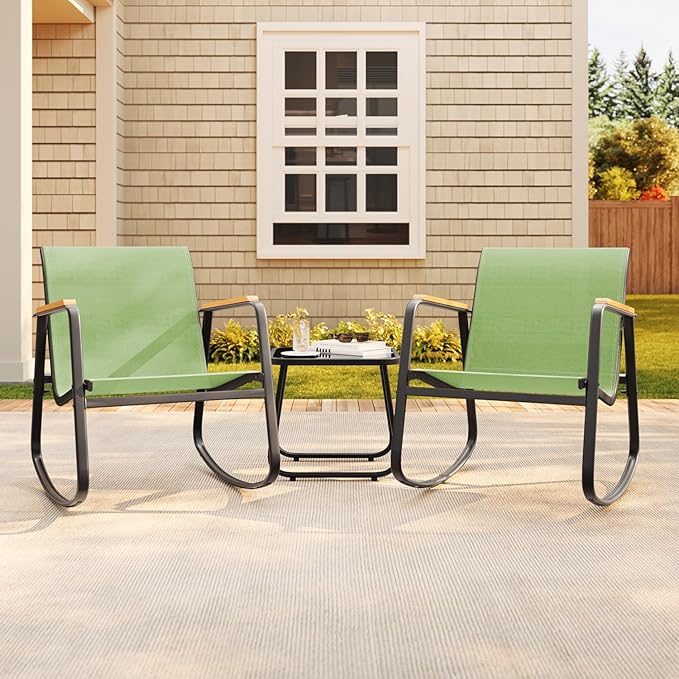 Aiho 3 Piece Patio Bistro Set, Textilene Outdoor Furniture Set with Patio Rocking Chairs with Wooden Armrests and Glass Table for for Lawn, Porch, Balcony, Poolside(Green)