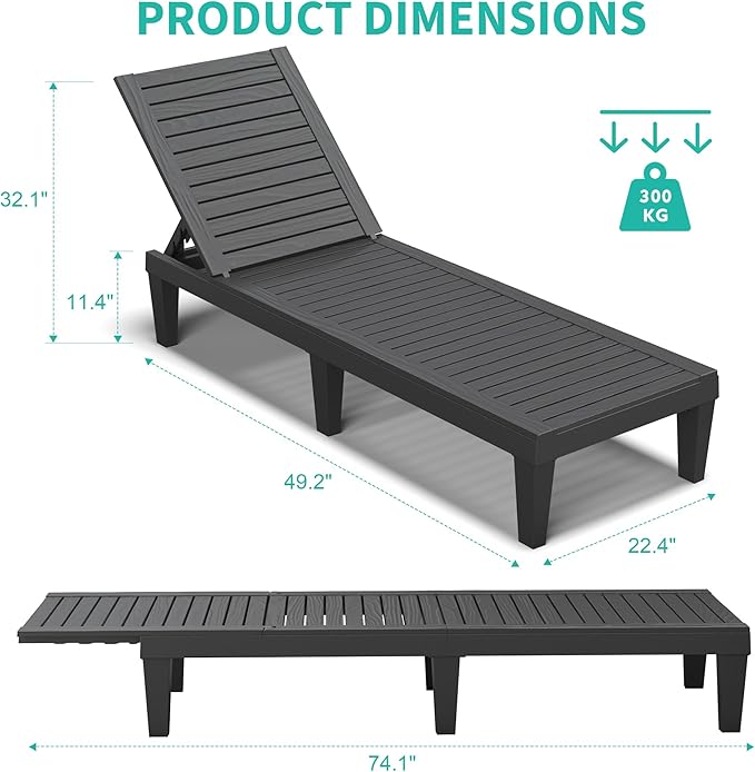 NUNU LAB Outdoor Chaise Lounge Chair Set of 3（2 of Chair and 1 of Side Table）,Waterproof Patio Lawn Chairs Lounge Outside,5-Positions Adjustable Pool Lounge Chair for Garden Beach Poolside,Black