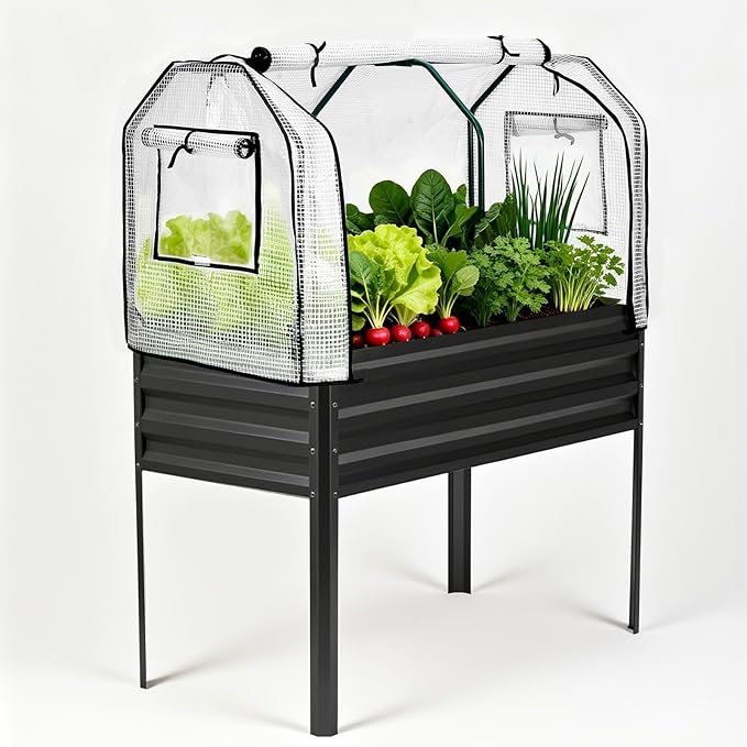 GarveeLife Raised Garden Bed with Legs, Galvanized Metal Elevated Garden Bed with Cover & Built-in Spray Tube, Raised Planter Box for Backyard, Patio, Balcony, 48x24x55 in, Black