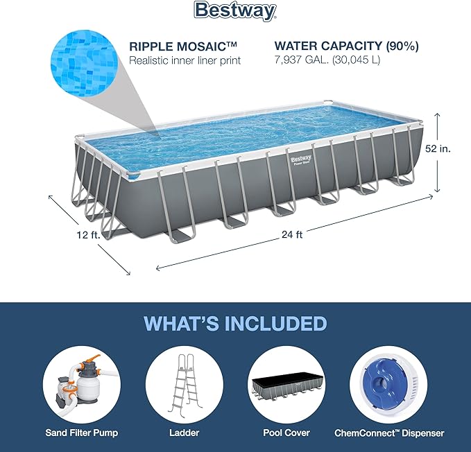 Bestway 2 Pack Power Steel 24' x 12' x 52" Rectangular Metal Frame Above Ground Swimming Pool Set with 1500 GPH Sand Filter Pump, Ladder & Pool Cover
