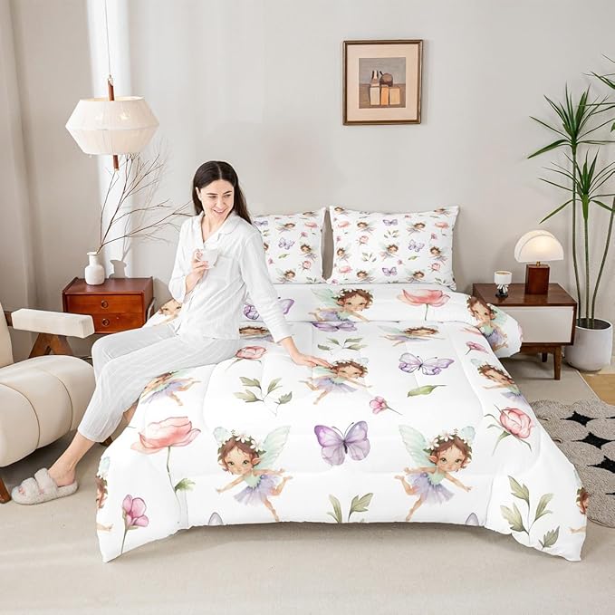 Erosebridal Girls Fairy Full Bedding Set - Purple Butterfly & Floral Comforter Set for Kids, Pink Flower Fairies Garden Quilt | Girly Princess Bedroom Decor with 2 Pillowcases