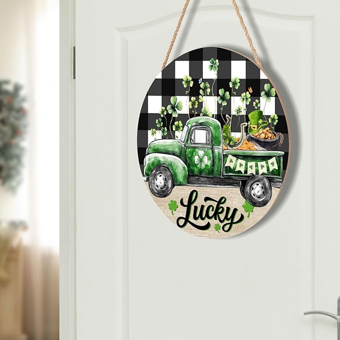 St. Patrick's Day Green Lucky Truck Door Sign For Front Door Decor,Shamrock Clover Buffalo Plaid Check Wooden Sign 12"x 12" Round Farmhouse Irish Hanging Door Sign Decoration for Wall Rustic Decor