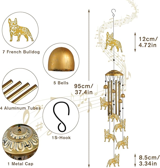 Garden Decor Outdoor Puppy Hanging Wind Chime Decorative - French Bulldog Wind Chimes Hanging Ornament for Pet Lovers Metal Animal Outdoor Garden Art Backyard Decor