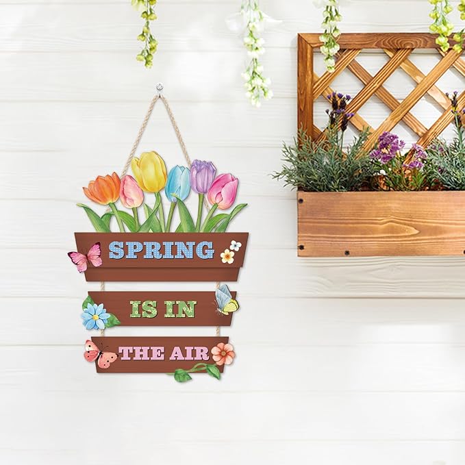 HOURIA Spring Is In The Air Wooden Door Sign(12”x14”),Colorful Tulip Flower Butterfly Spring Wall Hanging Sign,Spring Decorations for Home Garden Porch