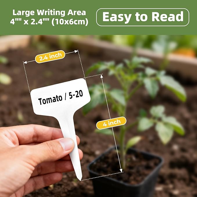 100 Pcs 4" Plant Labels with Marker Pen, Waterproof T-Type Garden Tags for Seeds, Flowers, Vegetable Seedlings, Plastic Nursery Markers for Outdoor & Indoor Gardening Organization